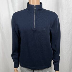 Nautica Mens Large Navy Blue Casual Cotton 1/4 Zip Mock Neck Pullover Sweatshirt